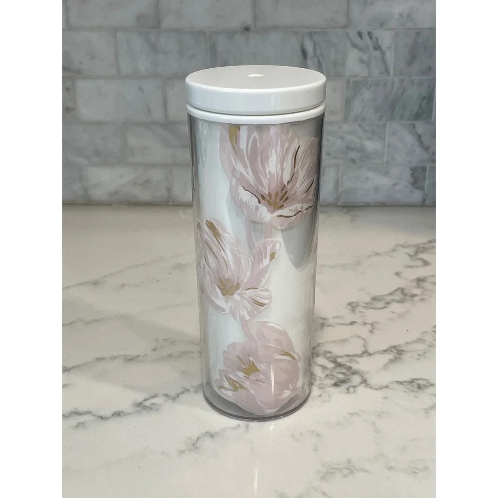 Kate Spade New York Pink‎ Floral Tulip Acrylic Tumbler Insulated Travel Cupp